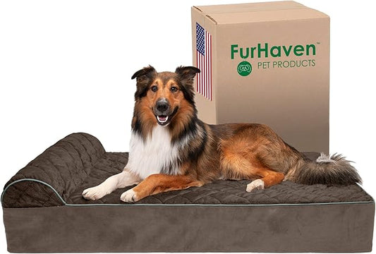 Furhaven Orthopedic Dog Bed for Extra Large Dogs w/ Bonus Water-Resistant Liner & Removable Washable Cover, For Dogs Up to 300 lbs - Goliath Quilted Faux Fur & Velvet Bolster Chaise - Espresso, XXL