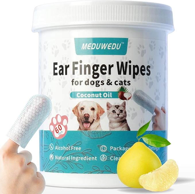 Ear Cleaner Finger Wipes 60 Counts, Dog Ear Cleaner,Soft & Easy Otic Cleaning Pads, Remove Wax, Dirt & Stop Smelly, Itchy, Non-Irritating, Grapefruit Scent