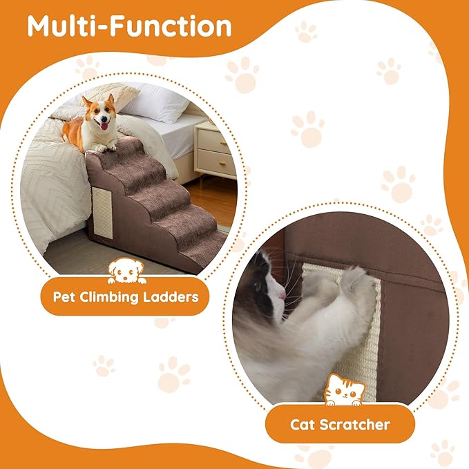 Dog Steps for Bed, Dog Stairs for Small Dogs, 4-Step Dog Ramp for Bed, Couch, Sofa, and Chairs, Non-Slip Bottom Design, Cat Scratching, High Density Foam Portable Pet Step, Indoor, Coffee