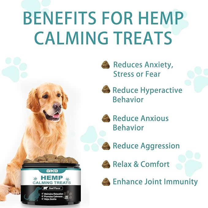 GKD Puppy Calming Chews Dogs, Hemp Dog Calming Treats Relief Bites Gummies, Anxiety Relief Sleeping Comfort Firework Grooming Seperation Relaxation Calm Gummies Supplements Aids Pet Supplies