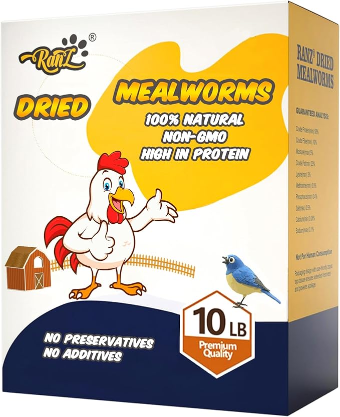 10LBS Non-GMO Dried Mealworms for Chickens, High Protein Meal Worms, Premium Chicken Feed, Perfect Bird Food and Chicken Treats, Whole Large Mealworms for Wild Birds, Ducks, Fish