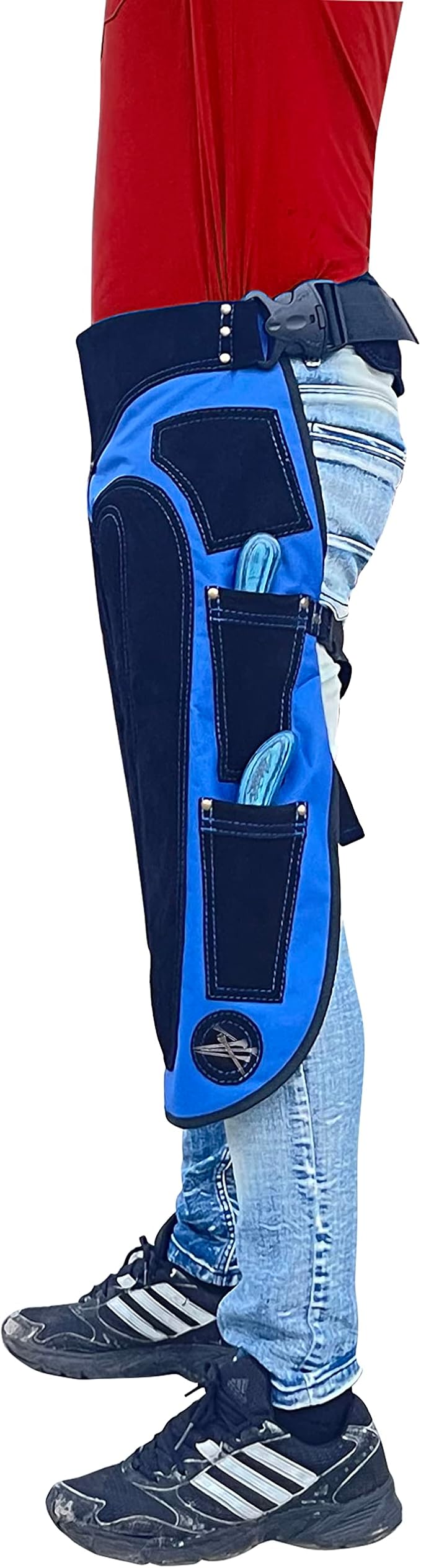 Rekhi 27'' Farrier Apron Chaps,1000 Denier Cordura and Suede Leather Farrier Apron, Farrier Chaps with 4 knife pockets and Nail Magnet in Blue 70Cm, Farrier Apron Chaps for Men