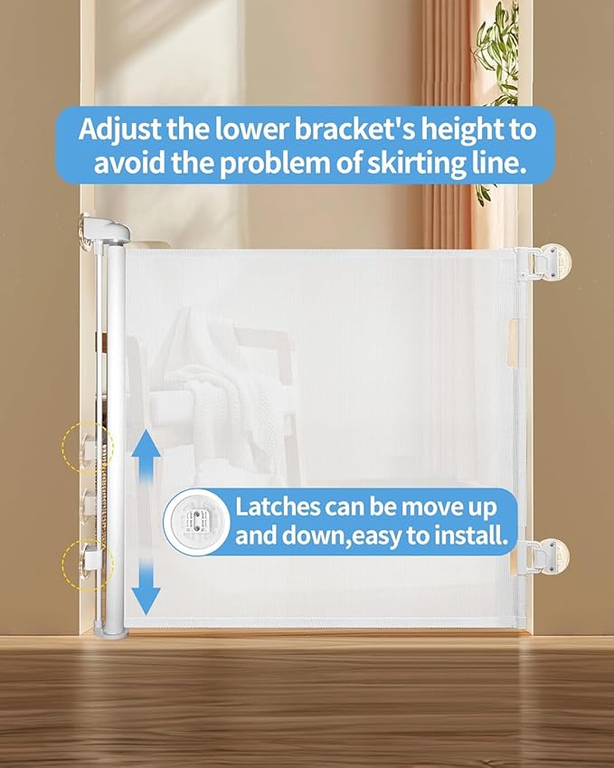 Punch-Free Install Retractable Baby Gate, Mesh Baby Gate or Mesh Dog Gate,33" Tall,Extends up to 54" Wide,Child Safety Gate for Doorways, Stairs, Hallways, Indoor/Outdoor（White,33"x54"