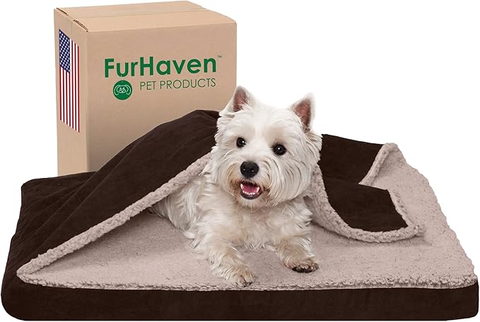 Furhaven Orthopedic Dog Bed for Medium/Small Dogs w/ Removable Washable Cover, For Dogs Up to 35 lbs - Berber & Suede Blanket Top Mattress - Espresso, Medium