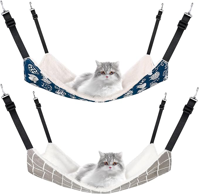 2 Pieces Reversible Cat Hanging Hammock Soft Breathable Pet Cage Hammock with Adjustable Straps and Metal Hooks Double-Sided Hanging Bed for Cats Small Dogs Rabbits (Cat and Plaid,L)