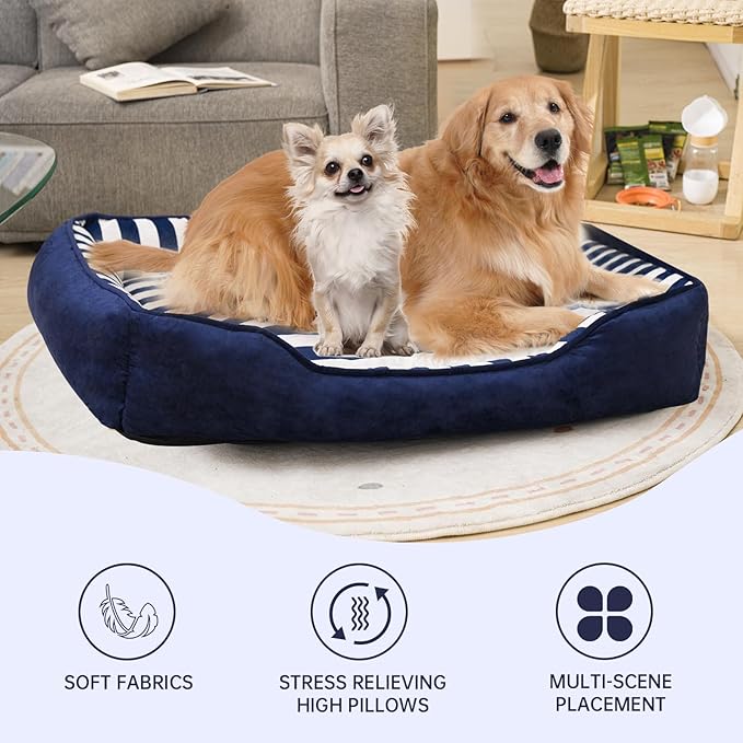 Dog Beds Large Sized Dog, Large Dog Beds with Orthopedic Memory Foam Dog Beds, Pet Beds for Large Dogs, Dog Bed with Removable Washable Cover, Blue & White Color, L, 40" L X 31" W X 6" Th