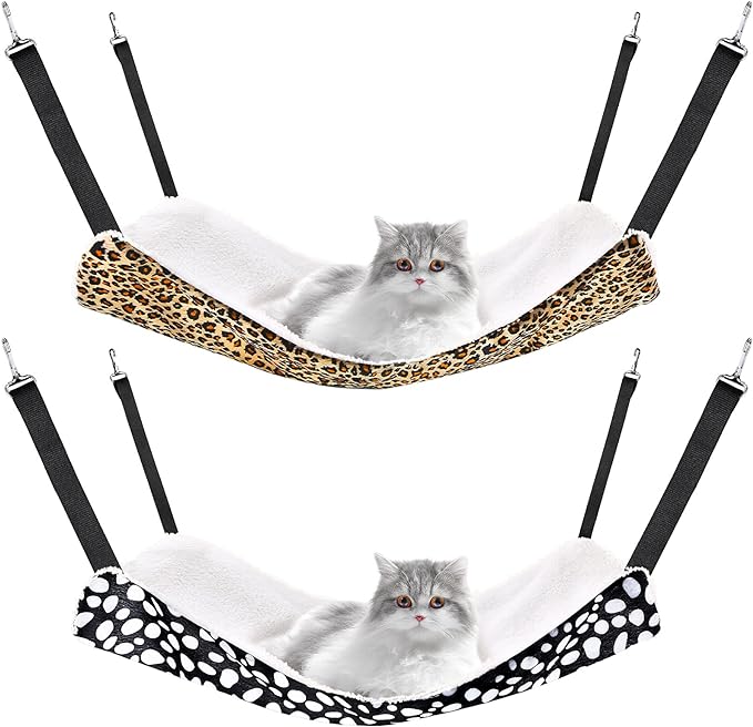 2 Pieces Reversible Cat Hanging Hammock Soft Breathable Pet Cage Hammock with Adjustable Straps and Metal Hooks Double-Sided Hanging Bed for Cats Small Dogs Rabbits (Leopard and Dot,S)