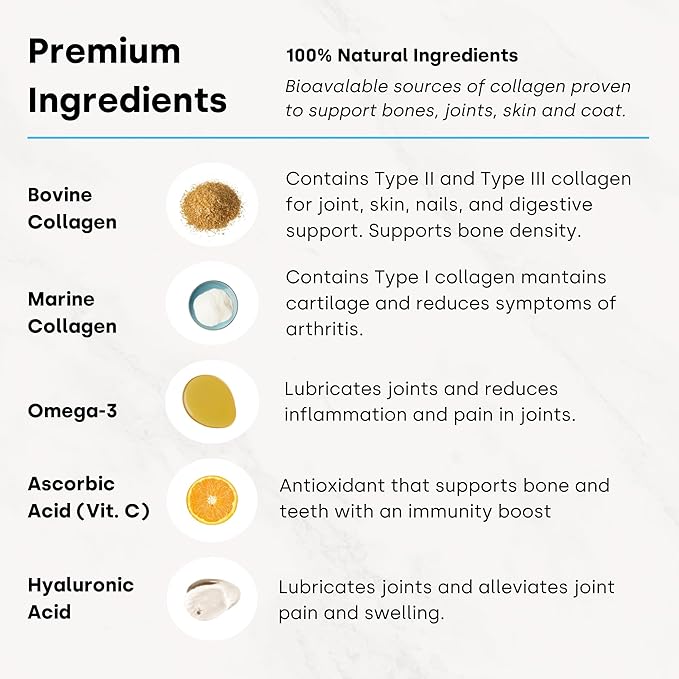 Collagen Puptides - Collagen for Dogs | Great for Senior Dog Joints. Premium Bovine, Marine Collagen, Omega 3s. for Dog Joints, Cartilage & Skin.. Tasty Steak Collagen Chews for Dogs