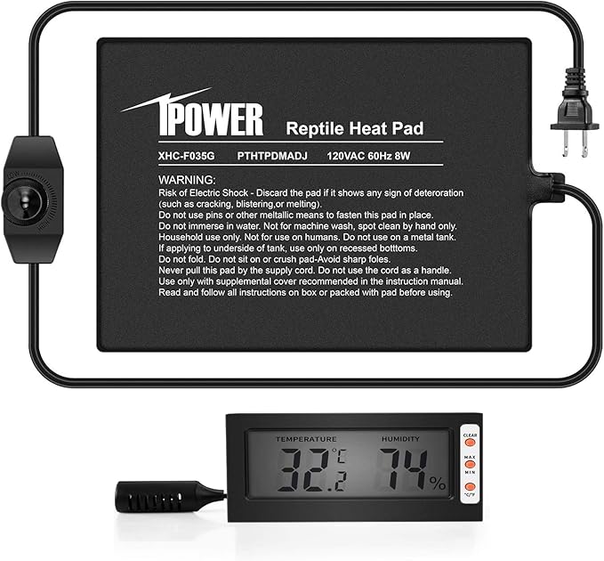 iPower 6"x8" Reptile Heat Pad Under Tank Warmer Terrarium Heater Heating Mat with Temperature Adjustable Controller, Digital Thermometer and Hygrometer with Humidity Probe for Amphibian, Pet