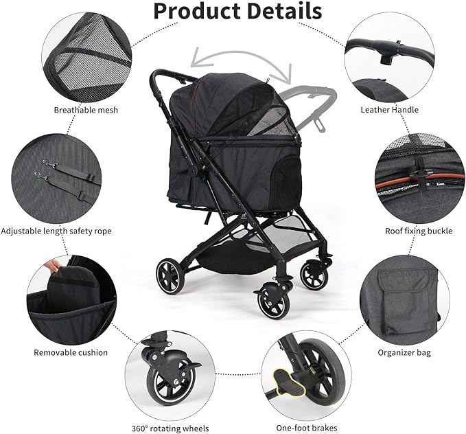 Pet Strollers for Small Medium Dogs Cats, No Zipper Entry with Reversible Handle, One-Hand Foldable Puppy Doggie Jogging Stroller Pet Travel (black & gray)