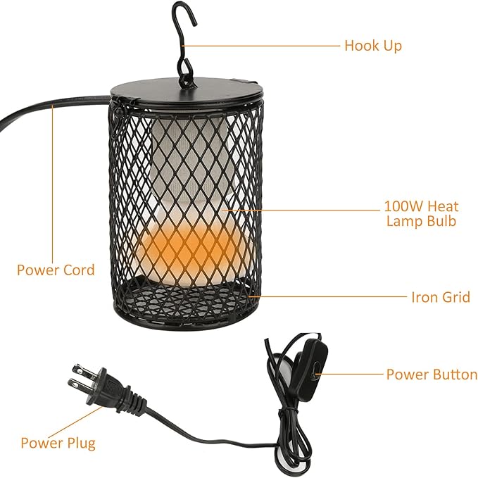 Ceramic Heat Lamp Bulb with Lampshade, 100W Infrared Emitter Heater Lamp Bulbs for Pet Brooder Coop Chicken Lizard Snake Aquarium, with Power Switch&Anti-Biting Hanging Hook