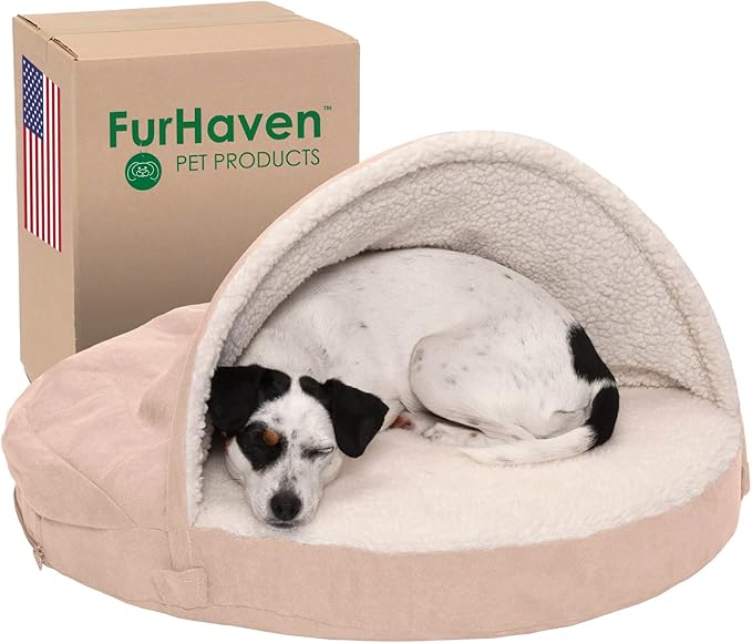 Furhaven 26" Round Orthopedic Dog Bed for Medium/Small Dogs w/ Removable Washable Cover, For Dogs Up to 30 lbs - Sherpa & Suede Snuggery - Cream, 26-inch
