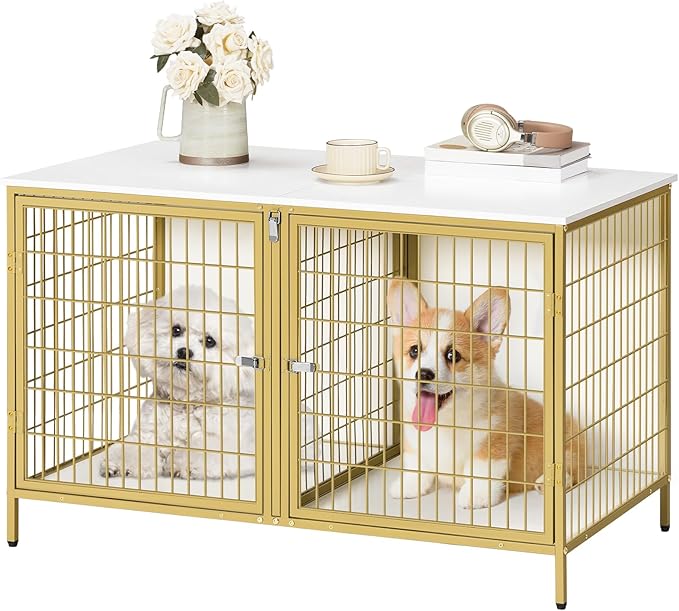 Dog Crate Furniture for 2 Dogs, 43.3" Dog Kennel with Removable Divider, Heavy Duty Wooden Dog Kennel for Small Medium Dog, Indoor Dog Cage End Table with Double Doors, White DCJW1201