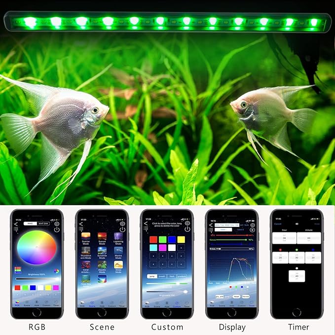 Smart Aquarium Light with App Timer, Dynamic Lighting Landscape for 7-62 Inches Fish Tank, 7/24 Auto Power On/Off, RGBW Full Spectrum Aquarium Lighting (2023 Version)