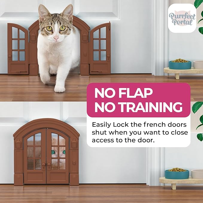 Purrfect Portal French Cat Door - Stylish No-Flap Cat Door Interior Door for Average-Sized Cats Up to 20 lbs, Easy DIY Setup, Secured Installation in Minutes, No Training Needed, 7.13 x 8.32”
