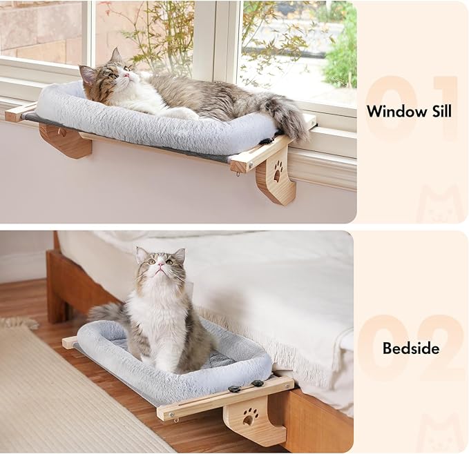 AMOSIJOY Cat Sill Window Perch Sturdy Cat Hammock Window Seat with Cushion Bed Cover, Wood & Metal Frame for Large Cats, Easy to Adjust Cat Bed for Windowsill, Bedside, Drawer and Cabinet(Cushion Bed)