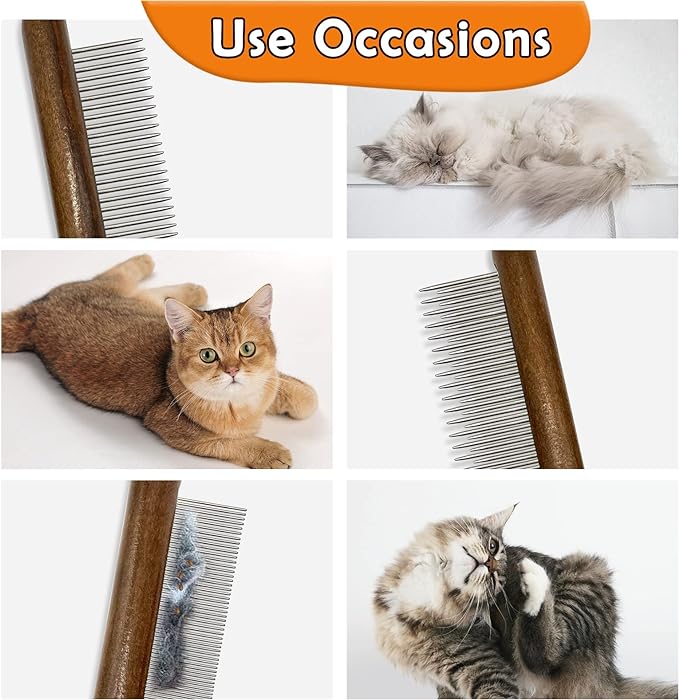 3 Pack Solid Wood Cat Combs,Flea Lice Comb with Rounded Stainless Steel Teeth for Cat Dog Rabbit Massage Removes Mats, Tangles and Loose Fur,Grooming Comb for Cat/Dog/Small Medium Pets