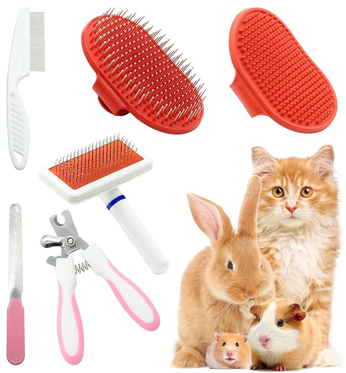 Cat Grooming Kit Set with Pet Shedding Slicker Brush Nail Clipper Trimmer Pet Massage Bath Glove Flea Comb for Bunny Puppy Kitten Guinea Pig Chinchilla Ferret Small Animals (Red, Pink)