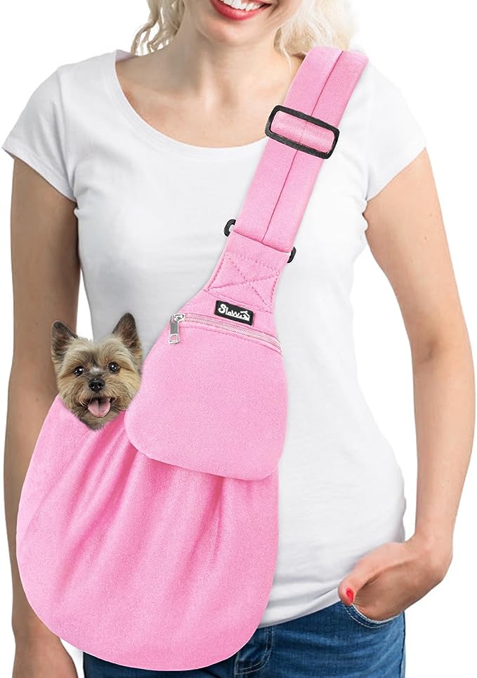 SlowTon Dog Carrier Sling - Thick Padded Adjustable Shoulder Strap Dog Carriers for Small Dogs, Puppy Carrier Purse for Pet Cat with Front Zipper Pocket Safety Belt Machine Washable (Pink Knitted, M)