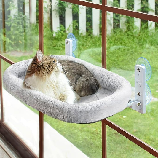 AMOSIJOY Cordless Cat Window Perch, Cat Hammock for Wall with 4 Strong Suction Cups, Solid Metal Frame and Two Replaceable Covers, Foldable Cat Beds for Indoor Cats (Large-Cushion Bed-Gray)