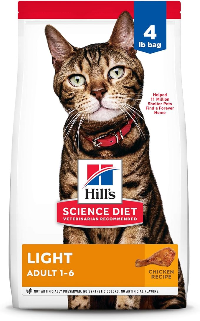 Hill's Science Diet Light, Adult 1-6, Weight Management Support, Dry Cat Food, Chicken Recipe, 4 lb Bag