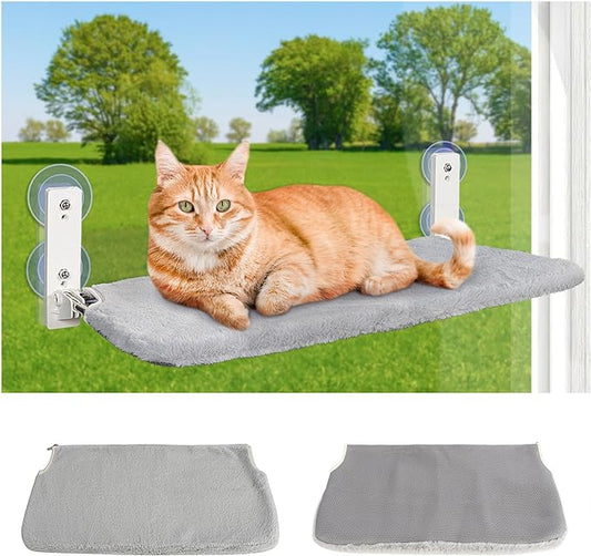 Cordless Folding Cat Window Perch, Cat Hammock for Window and Wall, with 4 Suction Cups and Sturdy Setal Frame,Glass Windows Hammock for Cats Inside (Grey Medium)