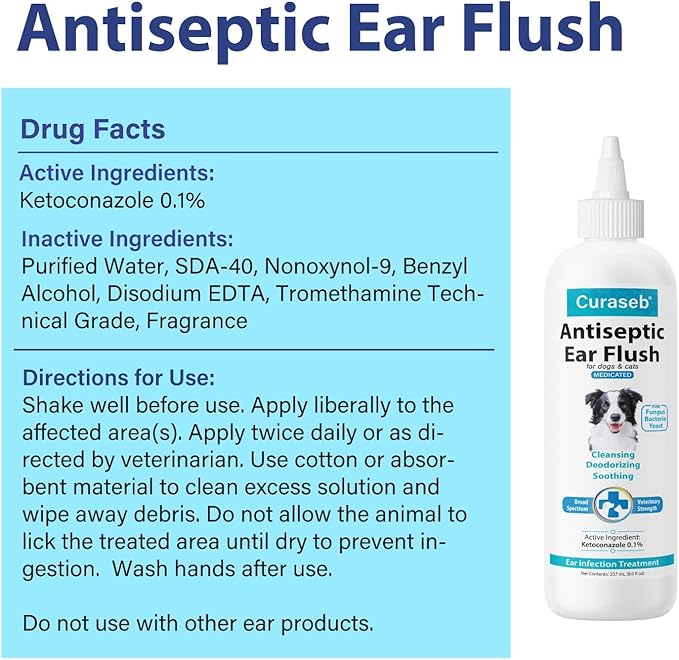 Curaseb Dog Ear Infection Treatment Solution – Soothes Itchy & Inflamed Ears – Cleans Debris and Buildup - 8oz