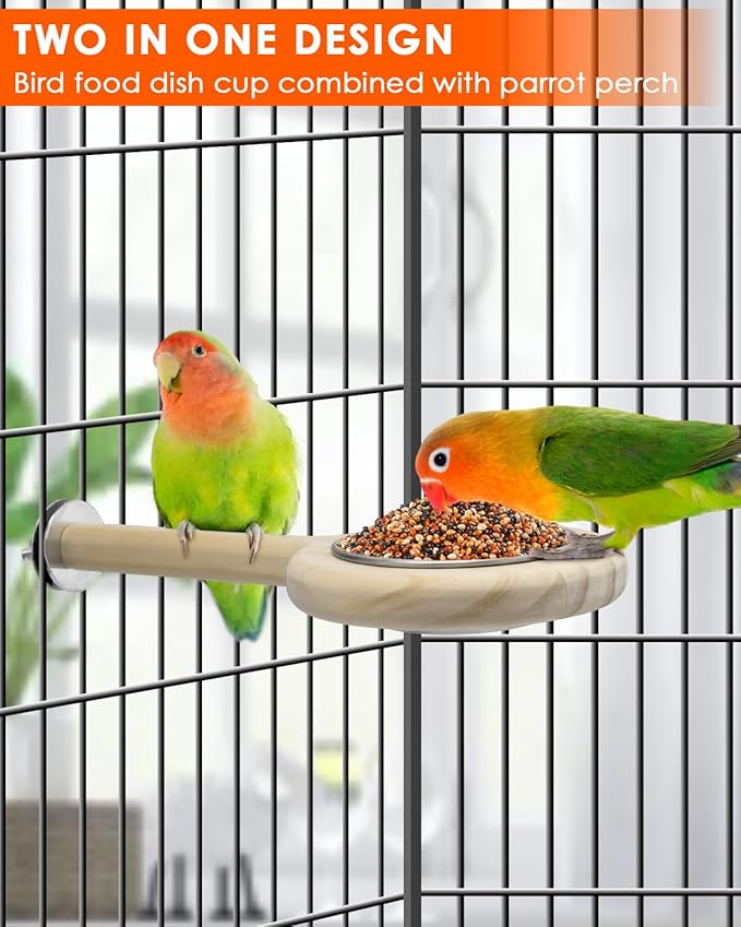 KATUMO Bird Perch Bird Feeding Cup Parrot Wood Perch Stand Toy Bird Cage Accessory for Parakeet Lovebird Cockatiel Conure Budgie Small Parrots