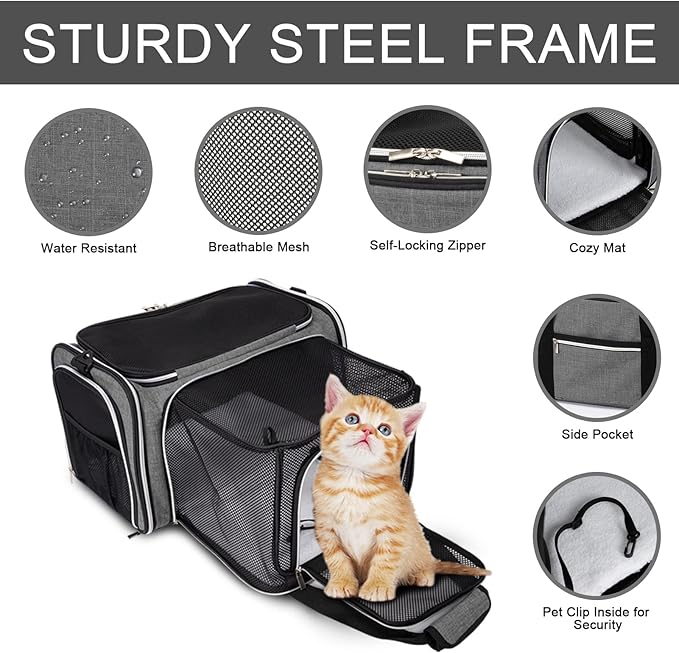 BAGLHER Cat Carrier Bag,Airline Approved Pet Carrier Soft Side Pet Travel 5 Sides Open Doors 3 Sides Expandable Foldable Dog Carrier with Fleece Pad