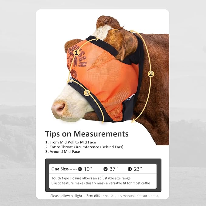 Harrison Howard Cattle Livestock Fly Mask Breathable Mesh Padded Edging with Fun Patterns Large Spacing Forelock Opening Design Adjustable Fit for Cattle Orange
