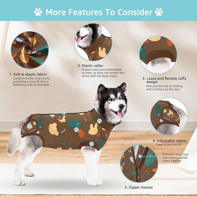 Recovery Suit for Dogs, Dog Surgery Recovery Suit with Zipper Closure Post Spay, Neuter, Abdominal Surgical Suit for Male Female Dogs Can Pee, Prevent Licking Dog Onesies, Brown Bear, 2XL