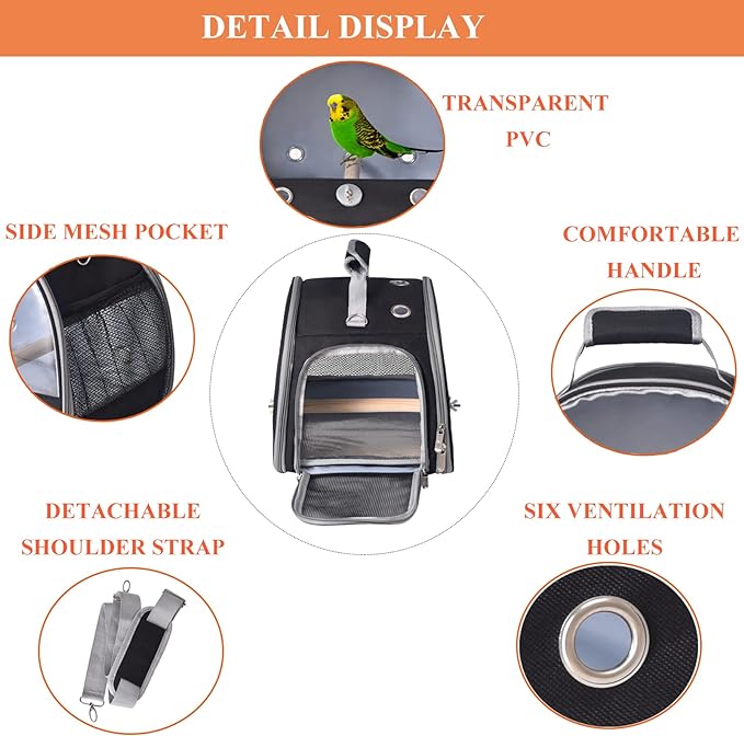 Bird Carrier Travel Cage with Stand, Small Bird Travel Cage for Parrot, Small Bird Carrier for Travel Parakeet Carrier with Shoulder Strap, Bird Cages for Parakeets (Black)