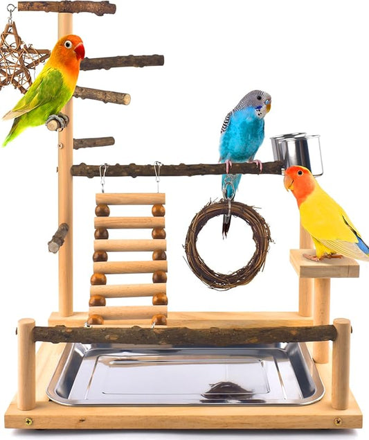 KATUMO Bird Playground Bird Perch Stand Natural Parrot Playstand Parakeet Platform Conure Swing Toy Cockatiel Ladder Bird Cage Toys with Removable Tray and 2 Stainless Steel Cups