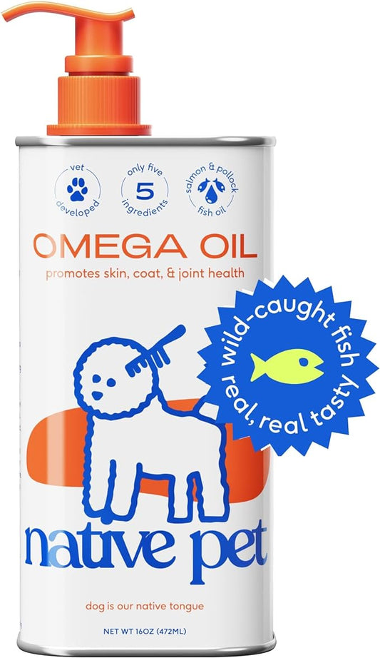 Native Pet Omega 3 Fish Oil Supplements with Omega 3 EPA DHA for Dogs Liquid Pump is Easy to Serve, Supports Itchy Skin + Mobility - Pollock & Salmon Oil for Dogs, The Fish Oil Dogs Love! (16 oz)