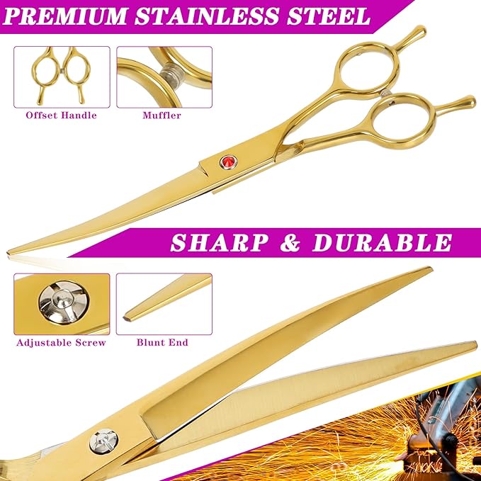 Dog Grooming Scissors Premium Stainless Steel Curved Hair Cutting Scissors for Dogs & Cats (Gold)