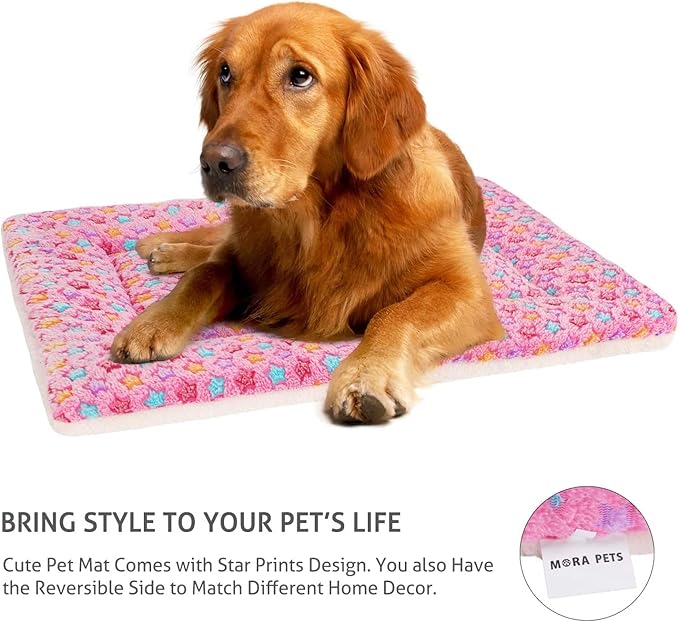 Mora Pets Dog Bed Crate Pad Ultra Soft Pet Bed with Cute Star Print Washable Crate Mat for Large Medium Small Dogs Reversible Fleece Dog Crate Kennel Mat Cat Bed Liner 41 x 29 inch Pink