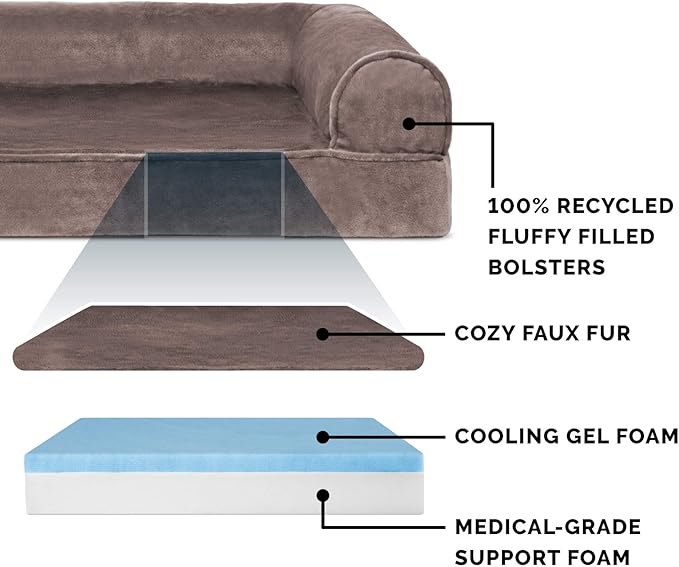 Furhaven Cooling Gel Dog Bed for Medium/Small Dogs w/ Removable Bolsters & Washable Cover, For Dogs Up to 35 lbs - Faux Fur & Velvet Sofa - Driftwood Brown, Medium