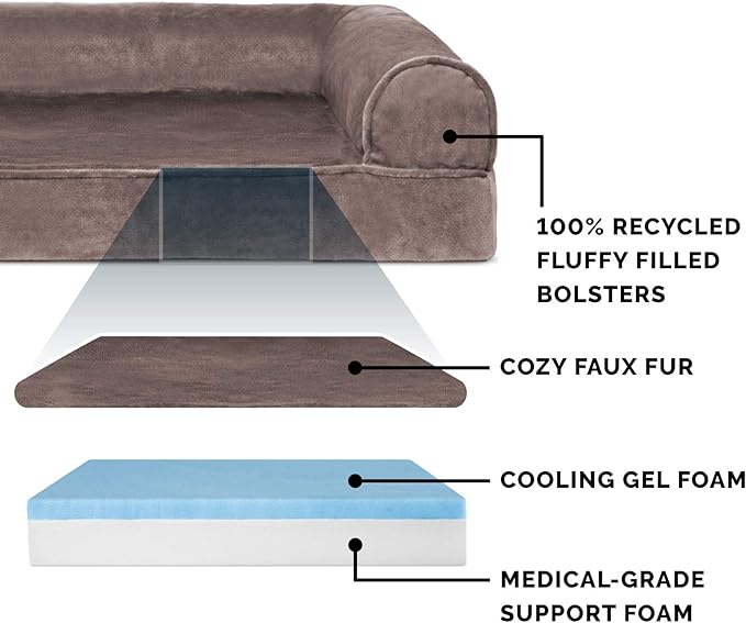 Furhaven Cooling Gel Dog Bed for Large/Medium Dogs w/ Removable Bolsters & Washable Cover, For Dogs Up to 55 lbs - Faux Fur & Velvet Sofa - Driftwood Brown, Large