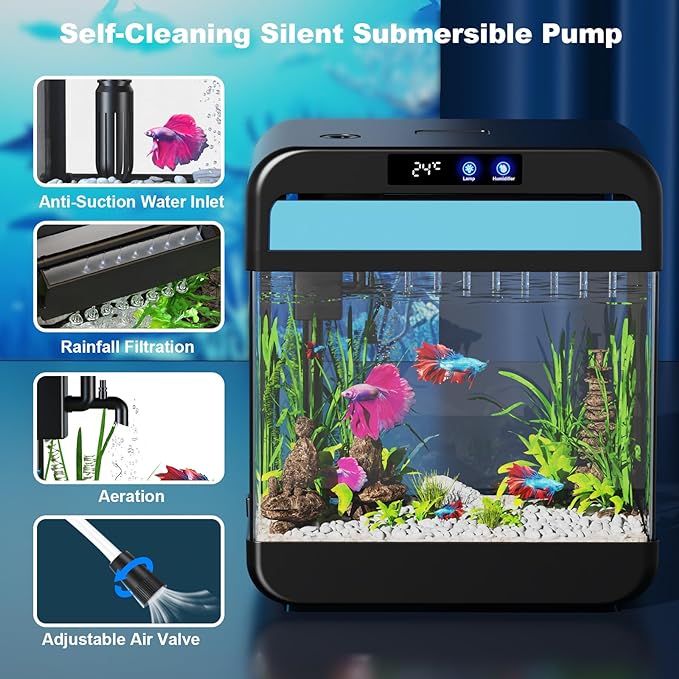 Fish Tank Aquarium 2.2 Gallon with Humidifier 7 Color Looping Light with Timer Self-Cleaning 3 in 1 Water Pump with Filteration & Oxygenation & Circulation, Temperature Display, HD Heat Bending Glass