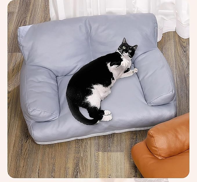 Pet Sofa Bed, Vintage Cat Puppy Faux Leather Couch with Non-Slip Bottom for Cats or Small Medium Dog Chair (Grey, Large)