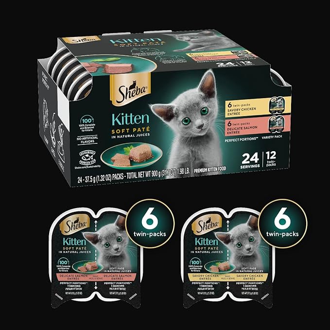 Sheba Wet Food PERFECT PORTIONS Kitten Paté Wet Cat Food Trays (24 Count, 48 Servings), Savory Chicken and Delicate Salmon Entrée, Easy Peel Twin-Pack Trays