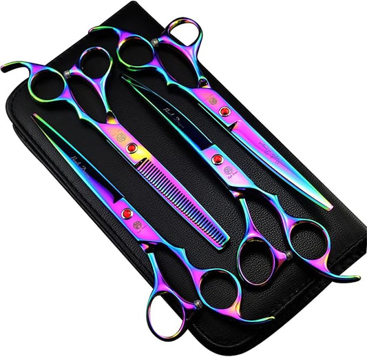 Purple Dragon Professional 7.0 inch 4PCS Pet Grooming Scissors Kit Japan Premium Steel Straight & Curved & Thinning Blade Dog Hair Cutting Shears Set with Case