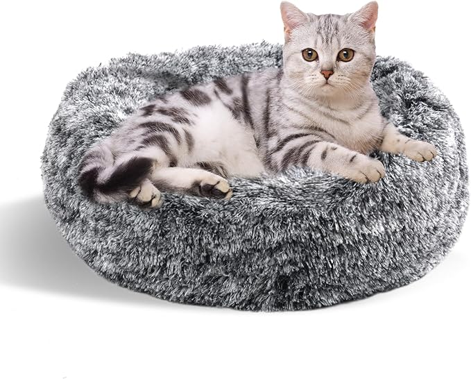 Aurako Cat Bed Dog Bed Round Cushion Pet Bed Mat Ultra Soft Plush Donut Sofa Comfortable Pillow Machine Washable Pet Cuddle Beds for Kitten Small Medium Large Dogs Cats 16" Black and White