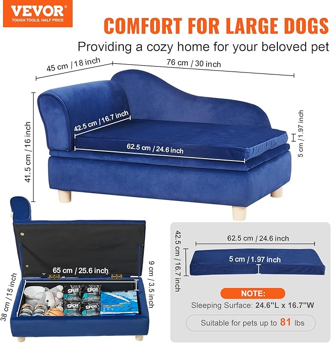 VEVOR Pet Sofa, Dog Couch for Medium-Sized Dogs and Cats, Soft Velvety Dog Sofa Bed, 81 lbs Loading Cat Sofa, Blue