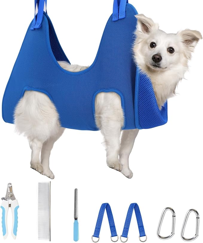 Supet Dog Grooming Hammock Harness for Cats Dogs, Relaxation Pet Grooming Hammock Restraint Dog & Small Animal Leashes Sling for Grooming Dog Grooming Helper for Nail Trimming Clipping Grooming Blue S