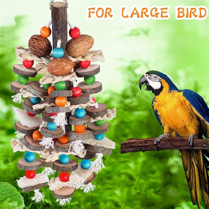 BBjinronjy Large Parrot Toys Bird Chewing Toys-Natural Nuts Corn Loofah Wooden Bird Cage Toy for African Grey,Macaws,Conure,Cokatoos,Cockatiel,Amazon Parrots and Other Medium and Small Birds