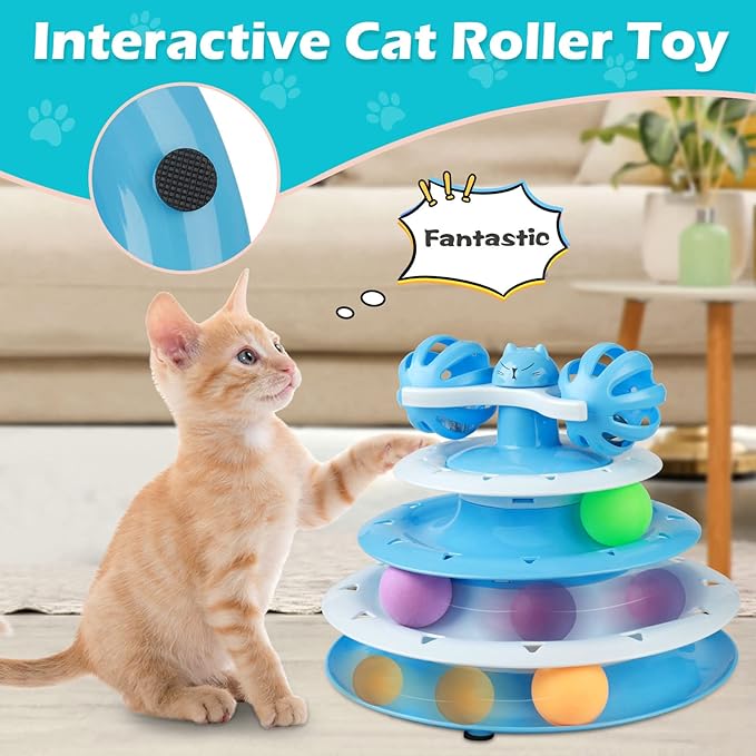 UPSKY Cat Toy Roller 4-Level Turntable Cat Toy Balls with Three Colorful Balls and Bell Ball X Turntable Interactive Kitten Fun Mental Physical Exercise Puzzle Toys.