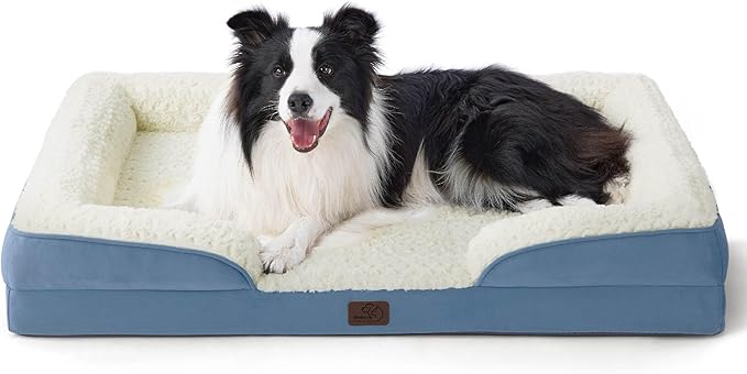 Bedsure Orthopedic Dog Bed for Large Dogs - Calming Dog Sofa Beds Large with Luxurious Short Plush, Big Pet Couch Bed with Removable Washable Cover, Waterproof Lining and Nonskid Bottom, Faded Denim