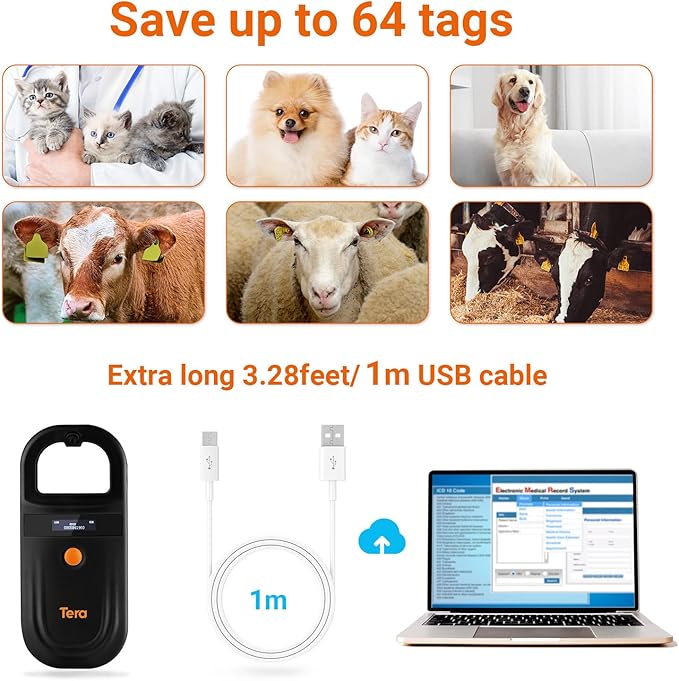 Tera Pet Microchip Reader Scanner with D-Ring RFID Portable Animal Chip ID Scanner with OLED Display Screen Rechargeable Data Storage Tag Scanner EMID FDX-B(ISO11784/85) for Dogs Cat Animal Management