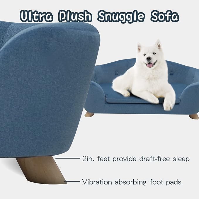 SHAVI Large Dog Couch, 35" Wide Pet Sofa for Large and Medium Dogs with Removable Mattress Cover, Luxury Raised Dog Couch Velvet Lounging Bed with Anti-Slip Bottom(Navy Blue)